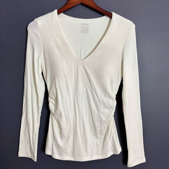 OGL Eco Mousse Mid Thermal V-Neck Ruched Sides Brami Top Off White Medium - Picture 1 of 7
